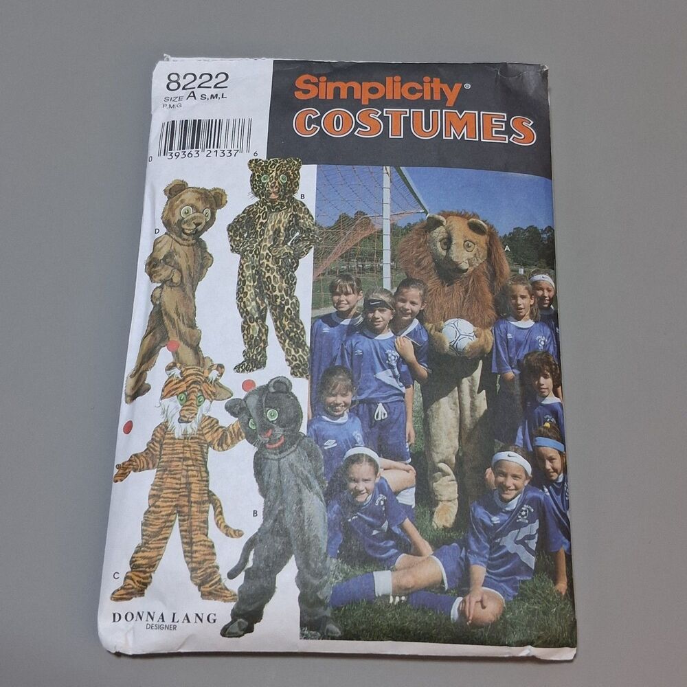 Simplicity 8222 Kids Mascot Costume Pattern Lion Tiger Bear Panther Size A S M L